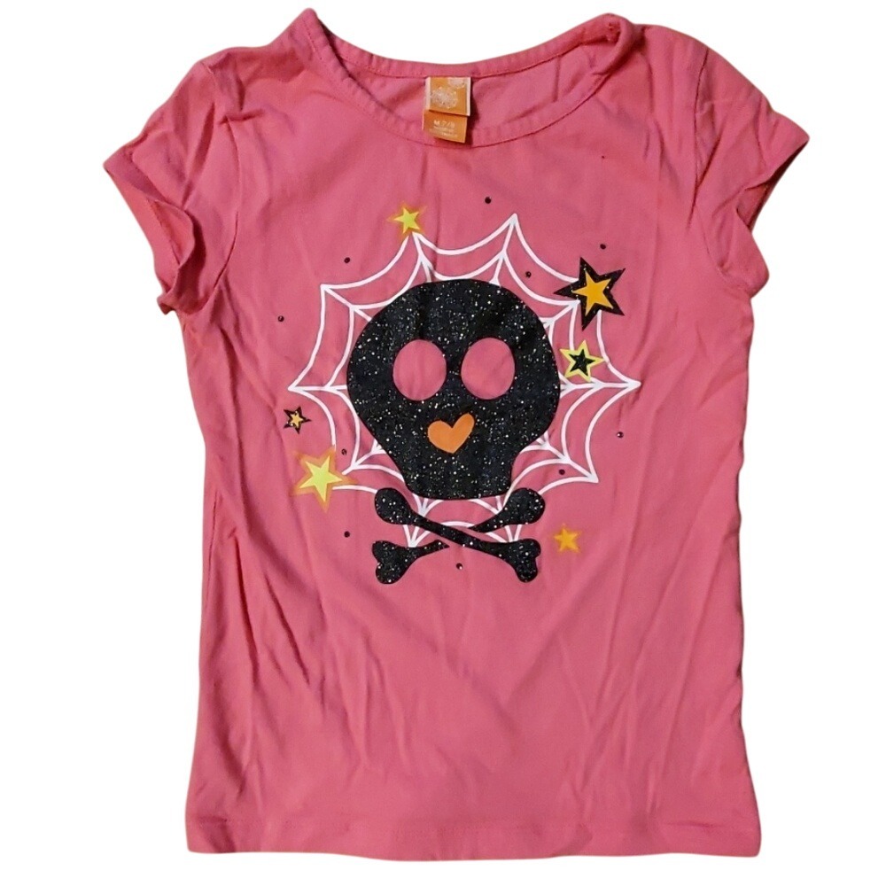 Target Girls Halloween Pink Short Sleeve Shirt w Glitter Skull Crossbone and Web